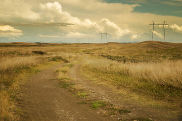 Grassland and dirt road with electric lines along, stormy skies