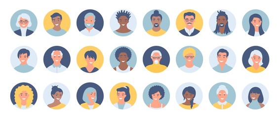 Set of persons, avatars, people heads of different ethnicity and age in flat style. Multi nationality social networks people faces collection. - 381435207