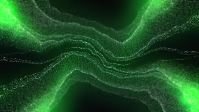 A slow-motion abstract green fractal curves on the black background.