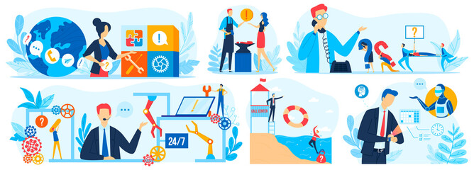 Fototapeta premium Customer support assistant online service vector illustration set. Cartoon flat virtual online technical assistance collection with call center hotline operator supporting clients isolated on white
