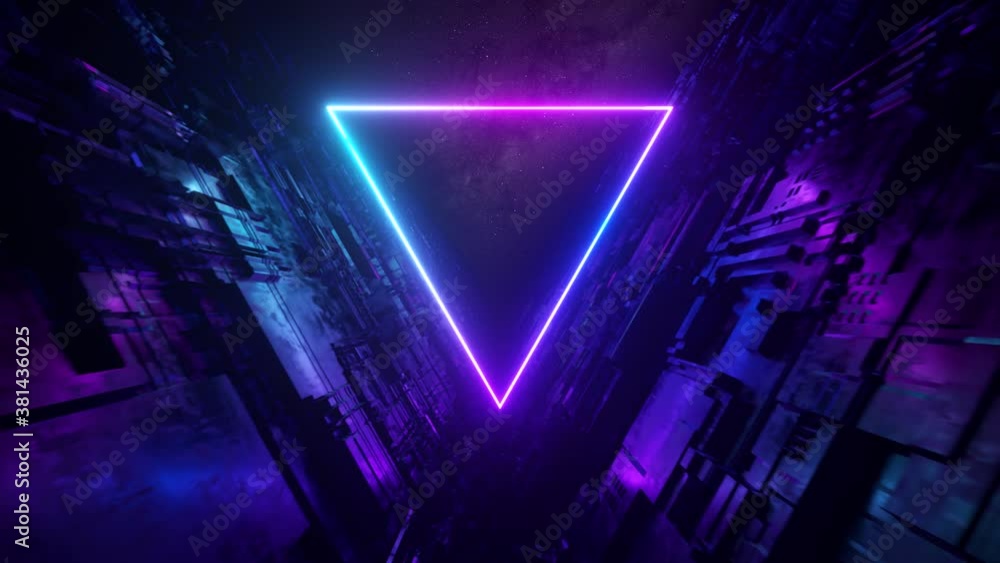 Poster sci-fi tunnel with neon triangles. an endless flight forward to the stars and the milky way. modern 