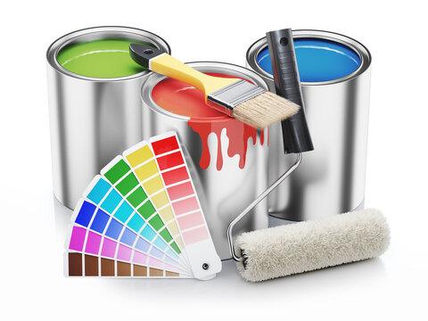Paint cans, brush, roller and color palette 3D