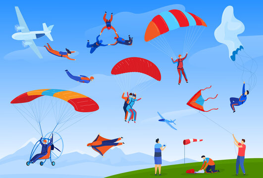 Skydiving extreme sport vector illustration set. Cartoon flat parachute skydiver sportsman characters jumping out of plane with parachutes, parachutist people skydive, danger adrenaline background