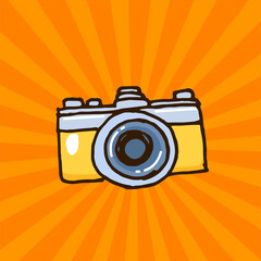 retro photo camera vector illustration isolated on orange background. comic style, hand drawn vector. doodle camera, cartoon. modern scribble for kids, sticker, clip art, logo, competition, poster. 