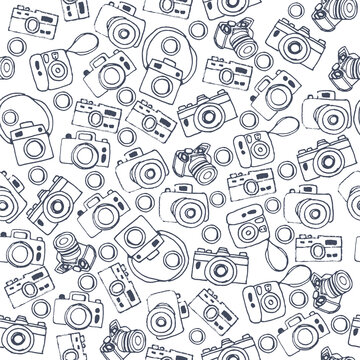 seamless pattern with collection of camera on monochrome background. hand drawn background. modern scribble for kids, wallpaper, cover, fabric, wrapping paper and gift. doodle camera. cartoon style. 