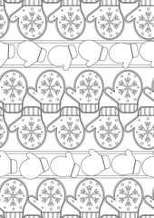 Seamless pattern or coloring page with mittens in A4 size, outline vector stock illustration as anti stress therapy for adults for christmas