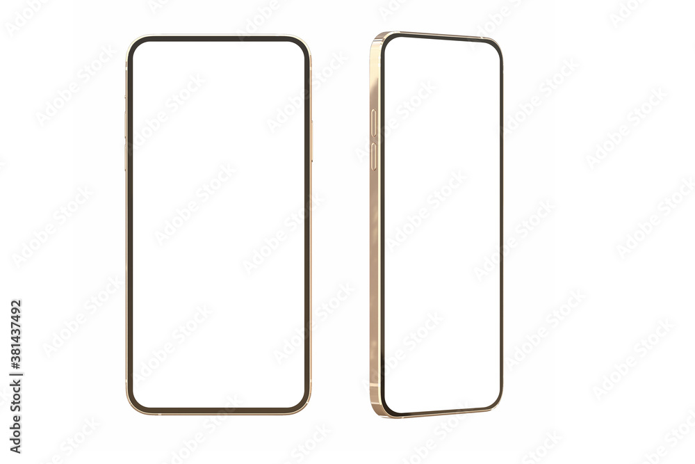 Poster Smartphone frameless mock up with white screen. Illustration for presentation web site design or mobile phone app on white baclground