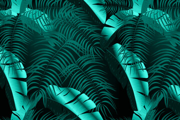  Seamless pattern white palm leaves.Summer night vector illustration.