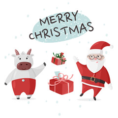 Merry Christmas colorful poster, greeting card. Vector illustration with Santa Claus and Ox cute character.