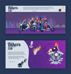 Obraz na płótnie Canvas Biker club vector illustration set. Cartoon flat banner collection with motorbike rider and tattooed rocker characters standing next to motorcycles in urban cityscape, girl sitting on bike equipment