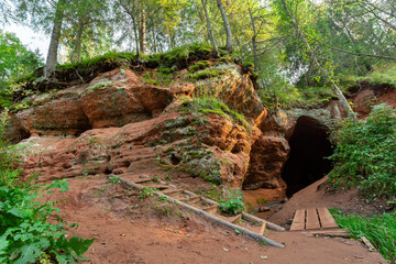 Picturesque tourist spot with karst cave in Rozhdestveno, Leningrad oblast, Russia.
