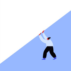 Character pushing up a blank white page. Flat illustration of a woman with a bun hairstyle holding white paper. Template for your content.