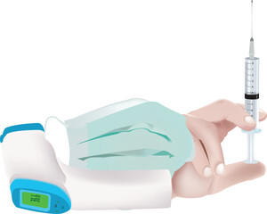 hand with thermometer syringe and surgical mask