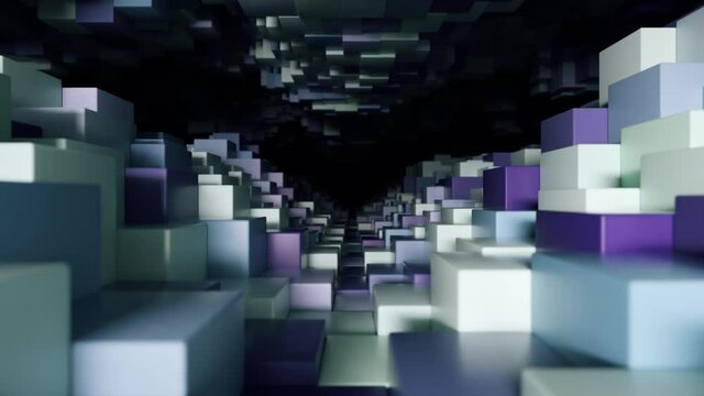 Abstract geometric tunnel made of blue cubes with random movement. Seamless loop 3d render