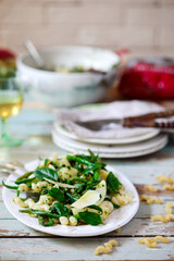Pasta with green beans, potatoes and pesto. .style rustic