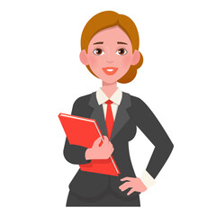 Smiling beautiful woman at suit holding book. Vector illustration isolated on white