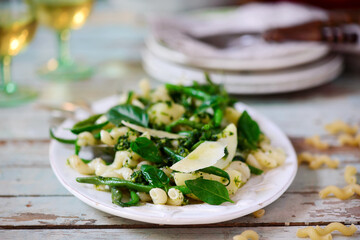 Pasta with green beans, potatoes and pesto. .style rustic