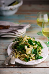 Pasta with green beans, potatoes and pesto. .style rustic