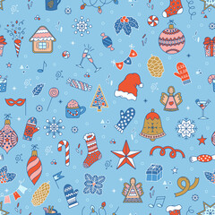 Seamless background of Christmas hats and mittens. Decorated with Christmas toys and snowflakes.