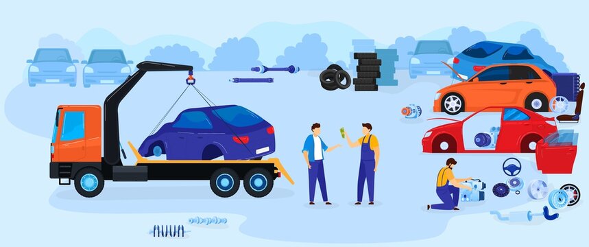 Car dump junkyard vector illustration vector illustration. Cartoon flat junk yard landscape with old auto car for recycling, repairman mechanics work with scrap metal from automobile parts background