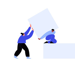 Two characters holding a blank page. Flat illustration of a man and a woman holding white square paper. Template for your content.