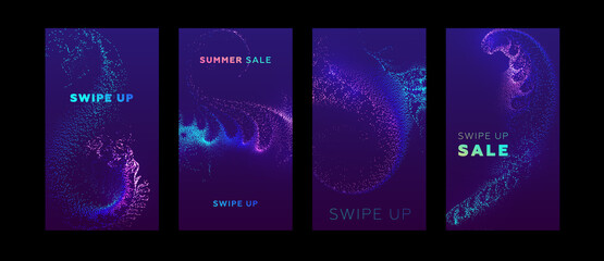 Social media promo sale templates set with swipe up buttons. Liquid dynamic particles fluid flow. Eps10 vector illustration