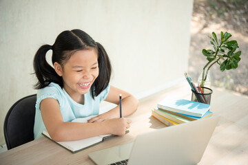 Asian girl student online learning class study online video call zoom teacher, Happy girl learn...