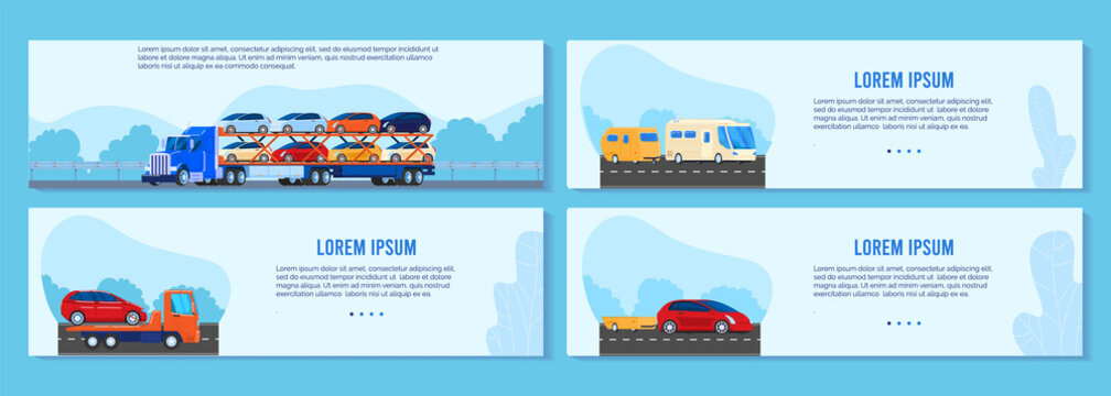 Car truck trailer vector illustration set. Cartoon flat auto transportation banner collection with asphalt road landscapes and different transport car van, semitrailer or towtruck driving on highway