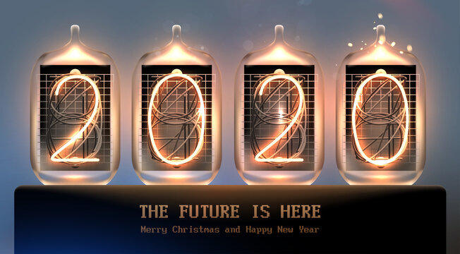 Vintage nixie tube 2020 Christmas design, nostalgic retro lightbulbs for  New Year holiday poster. Xmas vector illustration