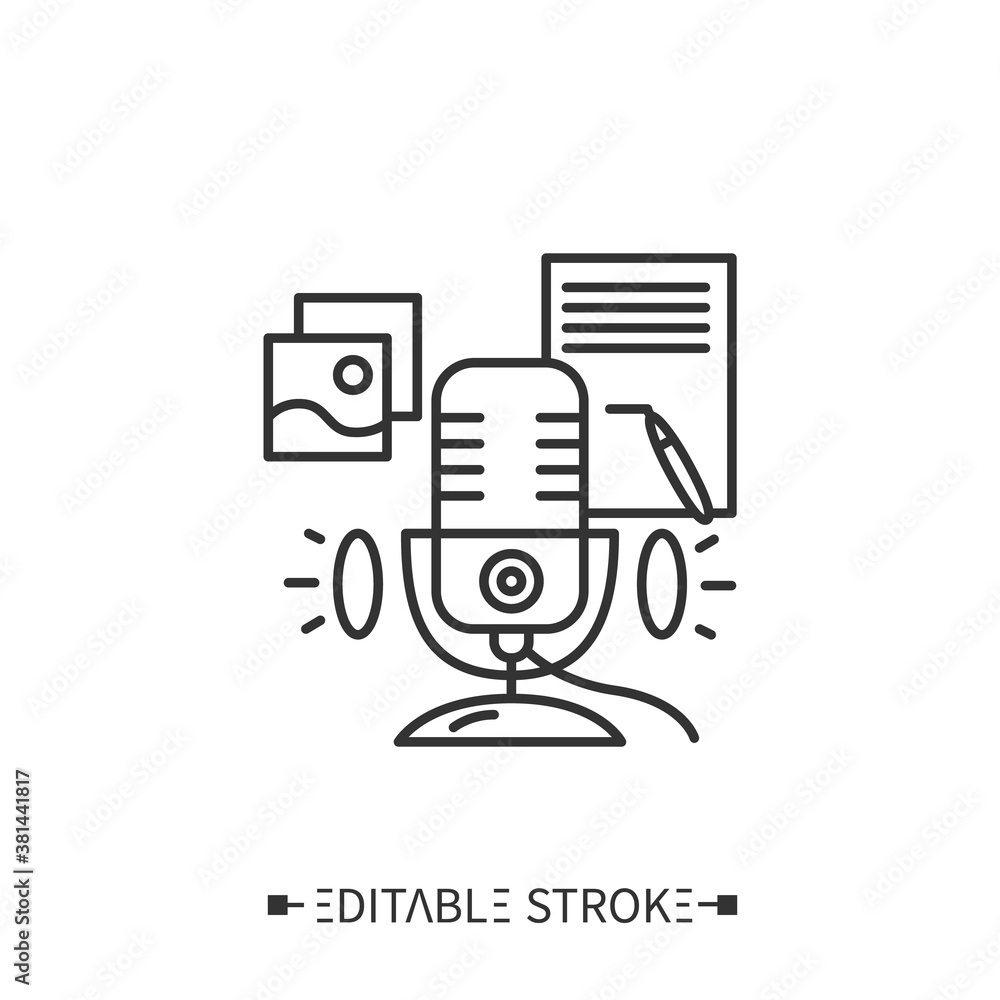 Poster podcast script line icon. show plan, shownotes, time codes, links and materials in description. inte