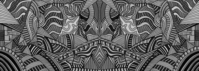 Mirror monochrome psychedelic background with many crazy geometric pattern.