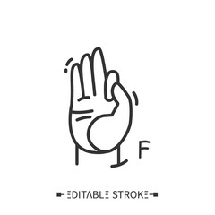 Hand gesture showing F letter line icon. Fingerspelling American language. Sign alphabet for deaf-mutes. Communication for disabled people. OK sign. Mudra. Isolated vector illustration.Editable stroke