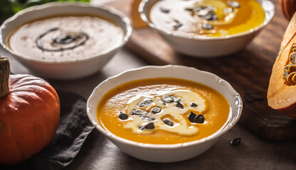 Homemade pumpkin soup in bowles with. Autumn hokkaido soup with balsamic vinegar