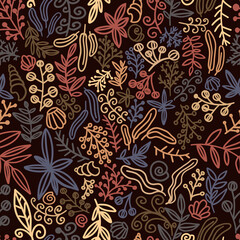 autumn pattern with leaves and branches on a black background