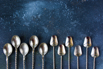 Silverware, silver vintage spoon background, spoon set