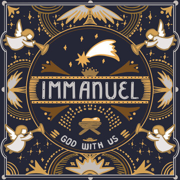 Hand drawn greeting Christmas card with newborn baby Jesus in the cradle, angels, stars and words Immanuel, God With Us. Square design.