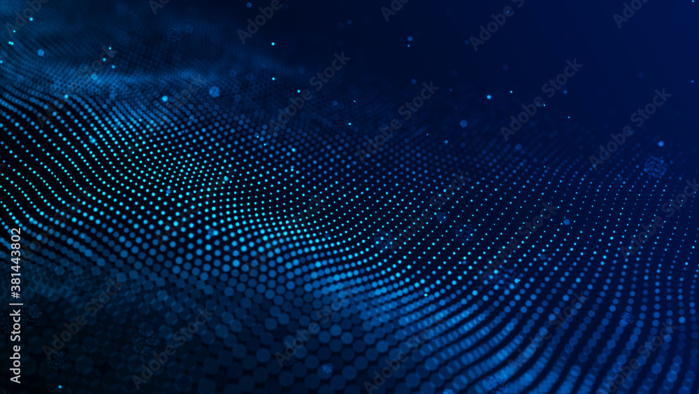 Poster wave 3d. wave of particles. abstract blue geometric background. big data visualization. data technol
