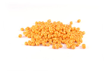 Beads spread on white background. Background or texture of beads. Close up, macro,It is used in finishing fashion clothes. make bead necklace or beads for woman of fashion,Bead Crochet. Daily Beading.