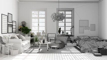 Architect interior designer concept: unfinished project that becomes real, scandinavian open space, living room and bedroom with sofa and bed, carpet, plants, parquet, modern design