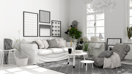 Scandinavian open space in white tones, living room with sofa and decors, coffee tables, armchair, pillows, carpet, decors and potted plants, parquet floor, modern interior design