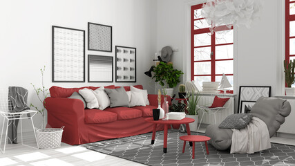 Scandinavian open space in white and red tones, living room with sofa, coffee tables, armchair, pillows, carpet, decors and potted plants, parquet floor, modern interior design