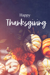 Happy Thanksgiving text with background of Pile of different pumpkins with strong shadows. Holiday concept
