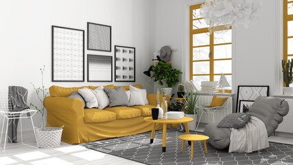 Scandinavian open space in white and yellow tones, living room with sofa, coffee tables, armchair, pillows, carpet, decors and potted plants, parquet floor, modern interior design