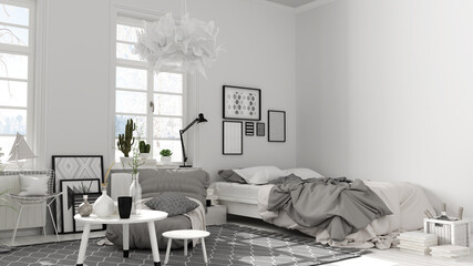Scandinavian open space in white tones, bedroom with double bed and decors, coffee tables, armchair, pillows, carpet, decors and potted plants, parquet floor, modern interior design