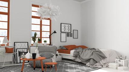 Scandinavian open space in white and orange tones, bedroom with bed and decors, coffee tables, armchair, pillows, carpet, decors and plants, parquet floor, modern interior design