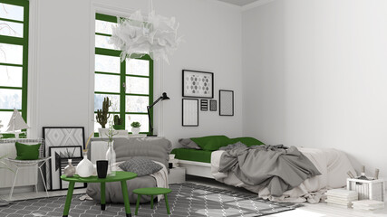 Scandinavian open space in white and green tones, bedroom with bed and decors, coffee tables, armchair, pillows, carpet, decors and plants, parquet floor, modern interior design
