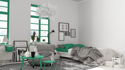 Scandinavian open space in white and turquoise tones, bedroom with bed and decors, coffee tables, armchair, pillows, carpet, decors and plants, parquet floor, modern interior design