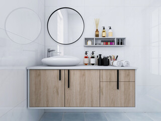 Family bathroom design, which placed toilet, bathtub, mirror and a variety of toiletries