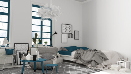 Scandinavian open space in white and blue tones, bedroom with bed and decors, coffee tables, armchair, pillows, carpet, decors and plants, parquet floor, modern interior design