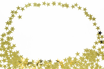Christmas frame with gold star confetti. Holiday background for New Year on white